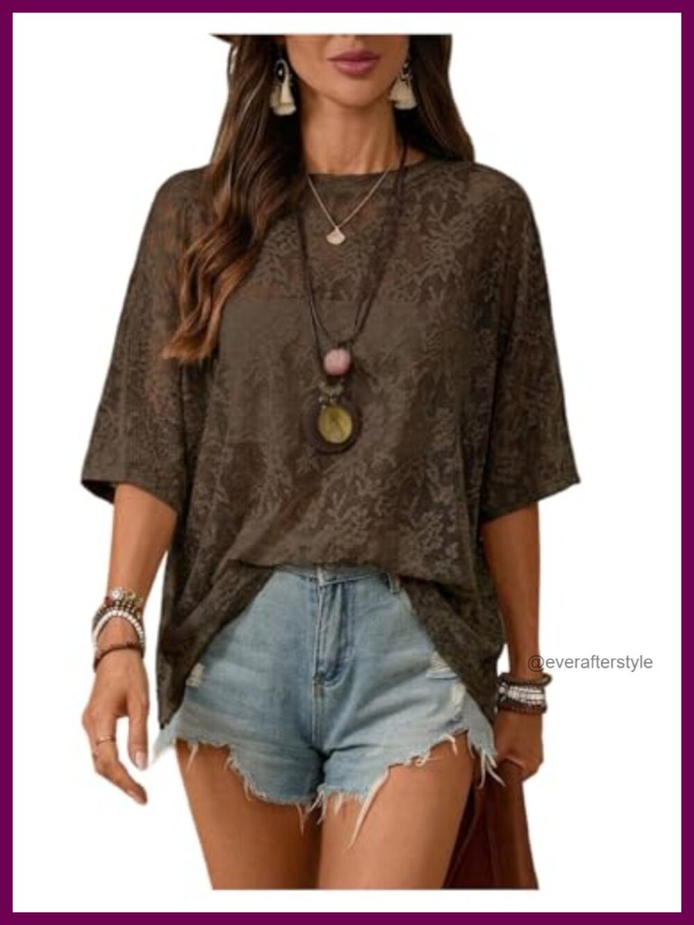 SOLY HUX Women's Boho Floral Mesh Lace Short Sleeve Top
